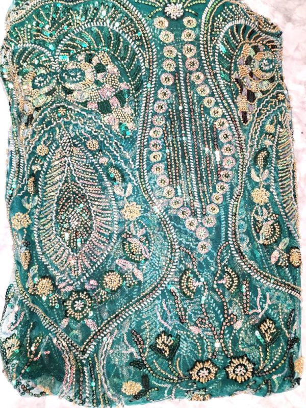 098 - TURQUOISE GREEN Luxury French Tulle Net Lace with Sequins and Beads - African Embroidered Lace Fabric