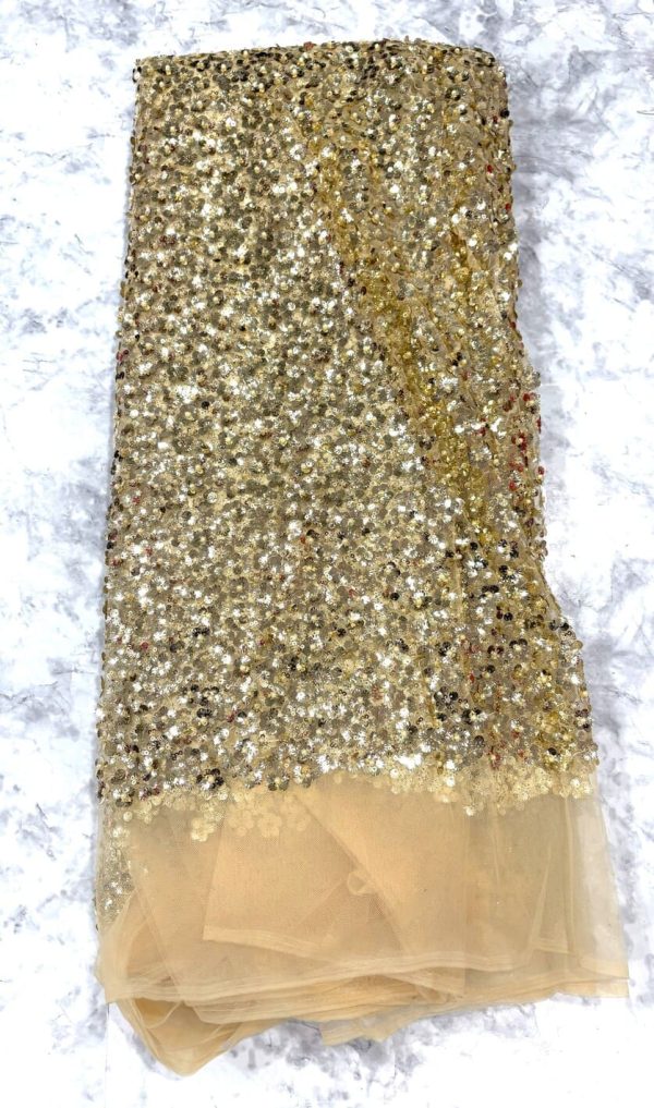 116 - GOLD Luxury African With Heavy Beads Lace Latest Nice French Sequins Embroidery Tulle Lace Fabric