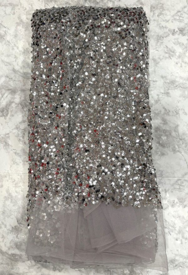 172 - SILVER Luxury African With Heavy Beads Lace Latest Nice French Sequins Embroidery Tulle Lace Fabric